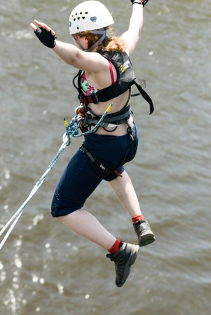 MOROZKI, RUSSIA - May 27, 2007 - Ropejumpers jumping off the bridgeのeditorial素材