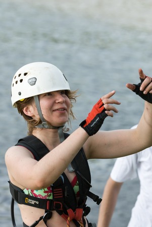 MOROZKI, RUSSIA - May 27, 2007 - Ropejumpers jumping off the bridgeのeditorial素材