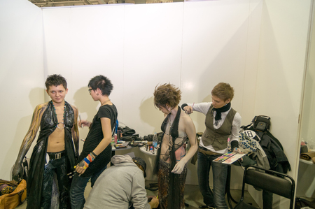 MOSCOW, RUSSIA - October 28, 2009 - Participants of makeup and hair artists competition backstageのeditorial素材