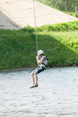 MOROZKI, RUSSIA - May 27, 2007 - Ropejumpers jumping off the bridgeのeditorial素材