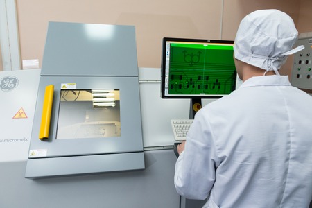 MOSCOW, RUSSIA - November 27, 2014 - Production of electronic components  at high-tech factoryのeditorial素材