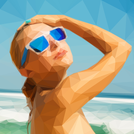Low-poly girl on sea beach with sunglassesのイラスト素材