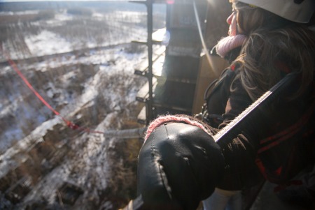 ZHELEZNODOROZHNIY, RUSSIA - March 2, 2008 - Rope jumping event held at the abandoned building construction site. Sports enthusiast groups organize such events for adrenaline lovers from all over Moscow districtのeditorial素材
