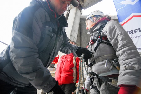 ZHELEZNODOROZHNIY, RUSSIA - March 9, 2008 - Rope jumping event held at the abandoned building construction site. Sports enthusiast groups organize such events for adrenaline lovers from all over Moscow districtのeditorial素材