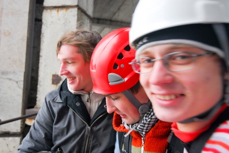 ZHELEZNODOROZHNIY, RUSSIA - March 9, 2008 - Rope jumping event held at the abandoned building construction site. Sports enthusiast groups organize such events for adrenaline lovers from all over Moscow districtのeditorial素材