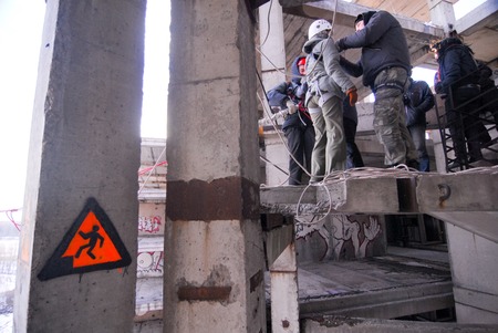 ZHELEZNODOROZHNIY, RUSSIA - March 9, 2008 - Rope jumping event held at the abandoned building construction site. Sports enthusiast groups organize such events for adrenaline lovers from all over Moscow districtのeditorial素材
