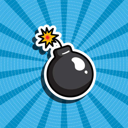 Cartoon illustration of a bomb. Blue retro background.