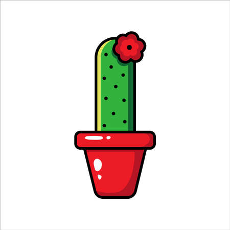 Flat illustration of a green flowering cactus in a red pot.のイラスト素材