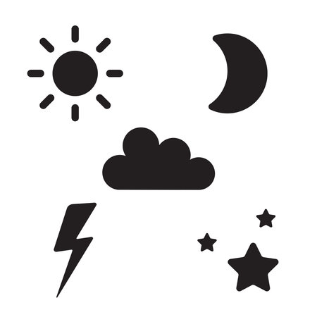 Black silhouettes of the sun, stars and moon, cloud and lightningのイラスト素材