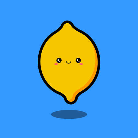 Kawaii cute cartoon image of a yellow lemon with a smile on a blue background.のイラスト素材