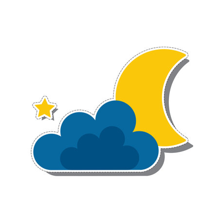 Image of a yellow month and a star behind a blue cloud. Vector illustration.のイラスト素材