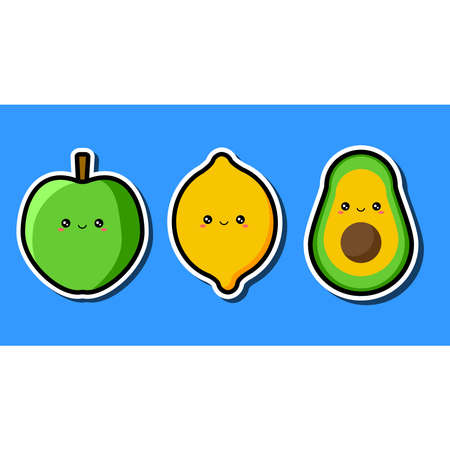 Cartoon kawaii sticker green apple, lemon and avocado. Isolated on a blue background.のイラスト素材