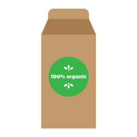 Paper brown bag with a round green design and the inscription organic. Vector illustration.のイラスト素材