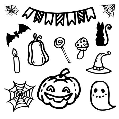 Halloween doodle set of illustrations. Vector image of pumpkin, ghost, cat, bat and holiday flagsのイラスト素材