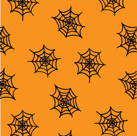 Halloween pattern. Black web on an orange background. Vector illustrationのイラスト素材