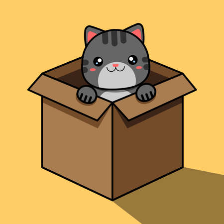 The gray cat looks out of the box. Cartoon cute cat sits in a box. Vector illustration.のイラスト素材