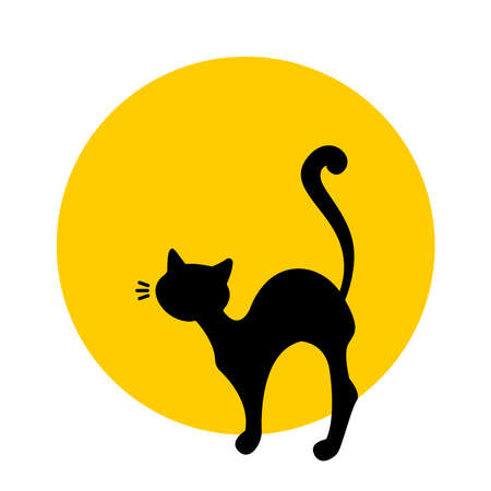 Silhouette of a cat on the background of the yellow moon. Flat vector illustration.のイラスト素材