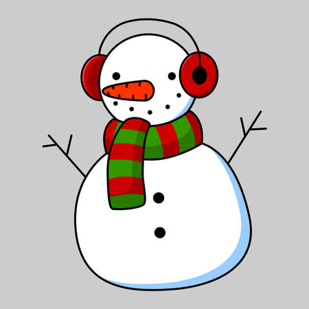 Flat cartoon image of a snowman wearing a striped red-green scarf and red headphones. Vector illustration.のイラスト素材