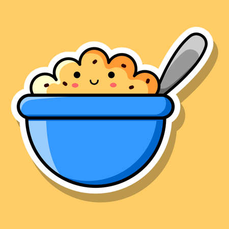 Image of a smiling kawaii porridge with raisins in a blue bowl. Vector illustration.のイラスト素材