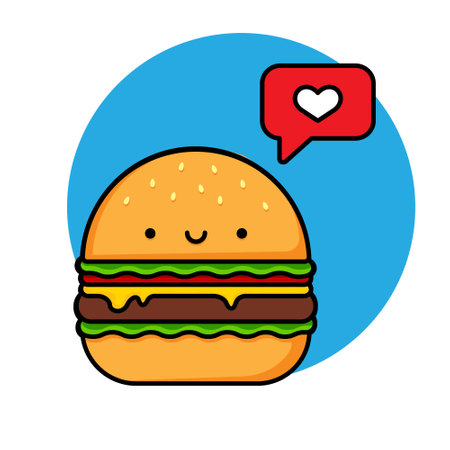 Cartoon image of a cute smiling burger. Red notification with heart icon. Food illustration. Vector illustrationのイラスト素材