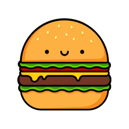 Cartoon image of a cute smiling burger. Food illustration. Vector illustrationのイラスト素材