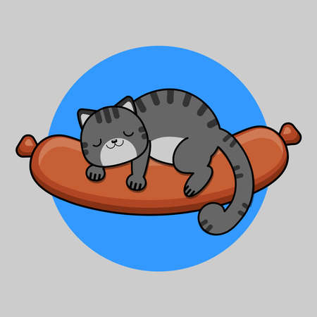 The cat is sleeping on the sausage. Sleeping gray cat and sausage. Vector illustrationのイラスト素材