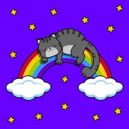 Gray cat sleeps on a rainbow. Night sky and stars.Vector illustration.のイラスト素材