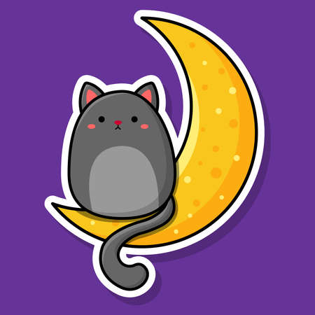 Cartoon sticker of a gray cat that sits on the moon. Vector illustration for Halloween.のイラスト素材