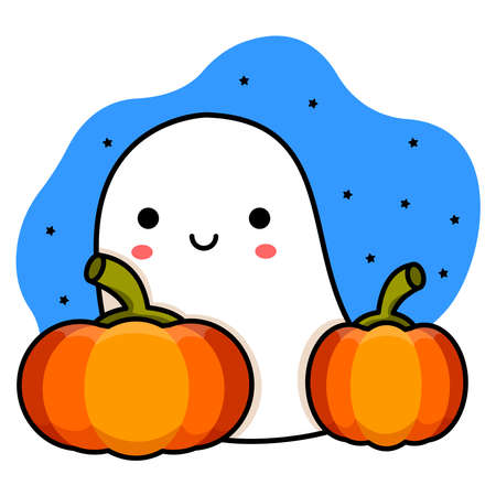 Smiling ghost and pumpkins. Sky and stars. halloween drawing. Vector illustrationのイラスト素材