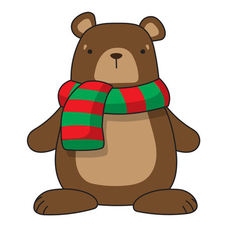 Cartoon brown bear in a red-green scarf. Winter christmas illustration. Childrens print. Vector illustrationのイラスト素材
