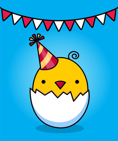 Birthday card. Yellow chicken in a shell. Childrens print. Vector illustrationのイラスト素材