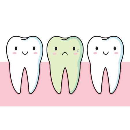 Cartoon flat illustration of smiling white tooth and crying teeth with caries. Cute baby kawaii tooth. Vector illustrationのイラスト素材