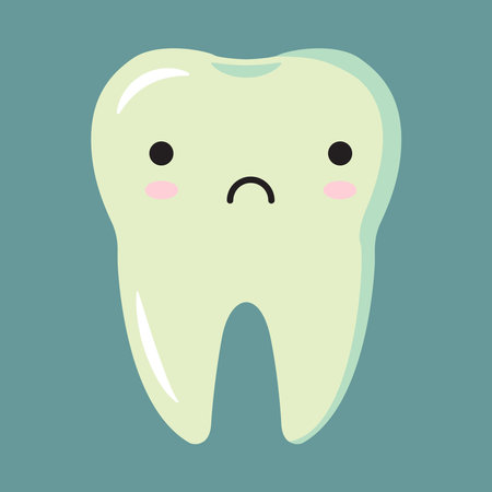 Cartoon flat illustration of a sick tooth. Kawaii sad tooth. Vector illustration