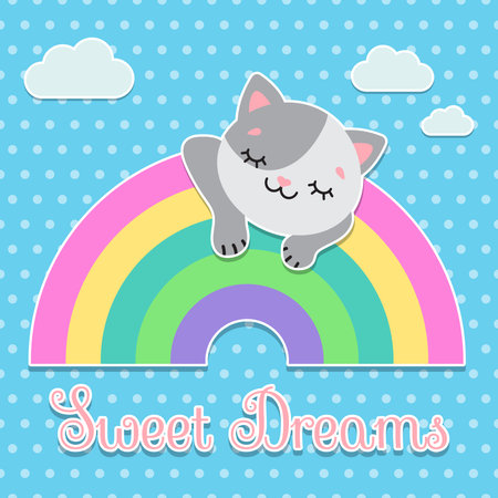 Postcard Sweet dreams. the cat sleeps on the rainbow. Pastel palette. cute simple flat vectorのイラスト素材