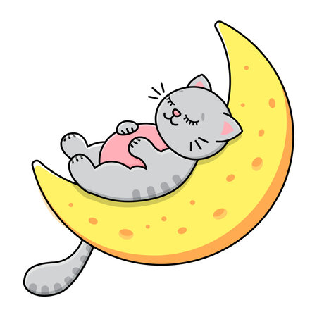 The gray cat sleeps on the moon. Sky stars and clouds. Childrens print. Vector illustration.のイラスト素材
