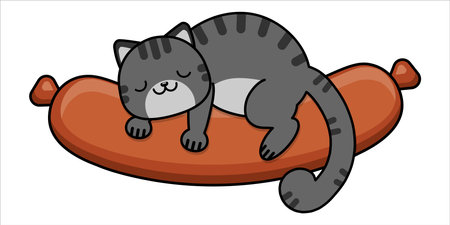 The cat is sleeping on the sausage. The cat is hugging a sausage. Baby stickers. Vector illustrationのイラスト素材