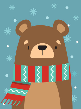 New Year card. Cute bear in a striped scarf. Vector illustrationのイラスト素材