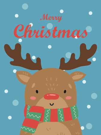 Illustration of a cute deer with a red nose in a striped scarf. Vector Christmas cardのイラスト素材