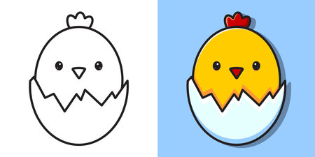 Outline illustration of a cute chick peeking out of the egg. Vector coloring bookのイラスト素材