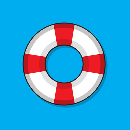 Cartoon illustration of a red and white beach lifebuoy, on a blue backgroundのイラスト素材