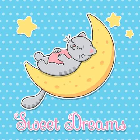 Postcard Sweet dreams. the cat sleeps on the Moon cute simple flat vectorのイラスト素材