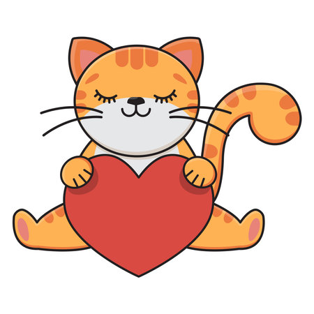Cartoon red cat holding a red heart. Childrens print. Vector sticker. Vector illustrationのイラスト素材