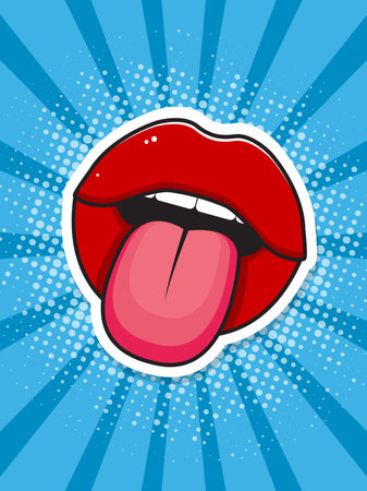 Pop art poster. Red lips and tongue. Vector illustrationのイラスト素材