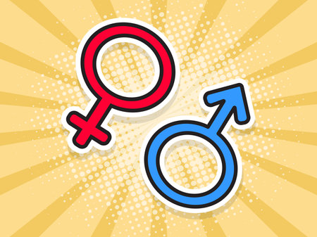 Pop art poster. Female and male symbols. Vector illustrationのイラスト素材
