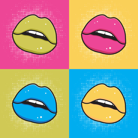 Pop art poster. Multi-colored lips on a multi-colored background. vector illustrationのイラスト素材