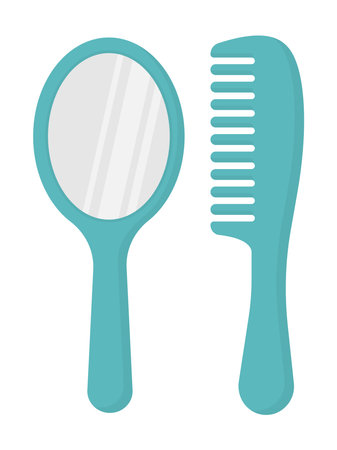 Cartoon green cosmetic mirror and comb. Isolated on a white background. Simple flat vector illustrationのイラスト素材