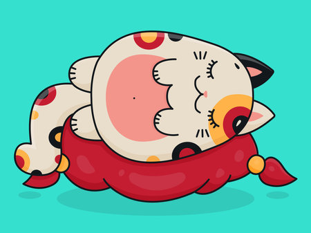 Cute cartoon sleeping. A fat cat lies on a red pillow. Vector illustration isolated on white backgroundのイラスト素材