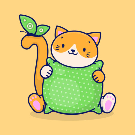A cute cartoon ginger cat holds a green pillow in its paws. Cat and butterfly. Vector illustrationのイラスト素材
