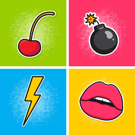 Pop art poster. Cherry and bomb, lightning and lips. Elements on a multi-colored background. Vector illustrationのイラスト素材