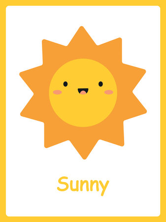 Card with weather elements. Cute cartoon sun. Childrens cards for learning. Vector illustrationのイラスト素材